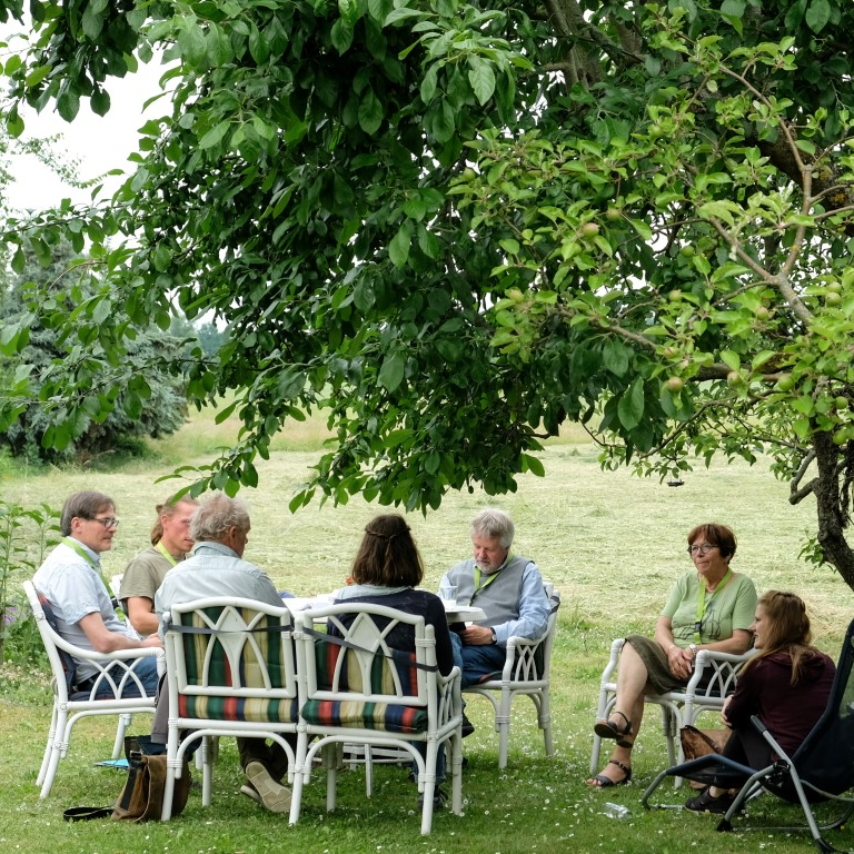 Eine Gruppe älterer Menschen sitzt unter einem Baum im Garten.