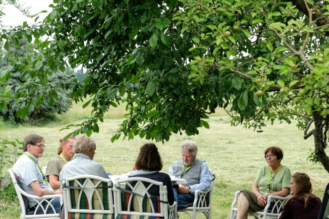 Eine Gruppe älterer Menschen sitzt unter einem Baum im Garten.