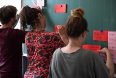 Studierende hängen ihre beschrifteten Moderationskarten an die Tafel.