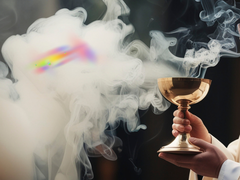 Symbolbild: Bischoff mit Weihrauch + sich spiegelnder Regenbogen 