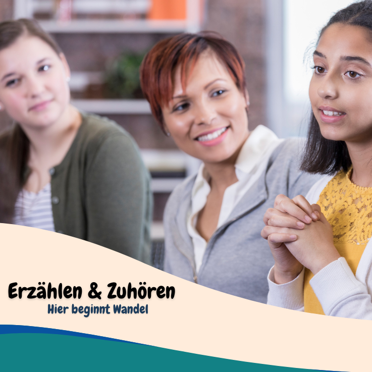 Gruppe Menschen die miteinander sprechen und Schriftzug "Erzählen & Zuhören. Hier beginnt Wandel"
