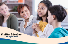 Gruppe Menschen die miteinander sprechen und Schriftzug "Erzählen & Zuhören. Hier beginnt Wandel"