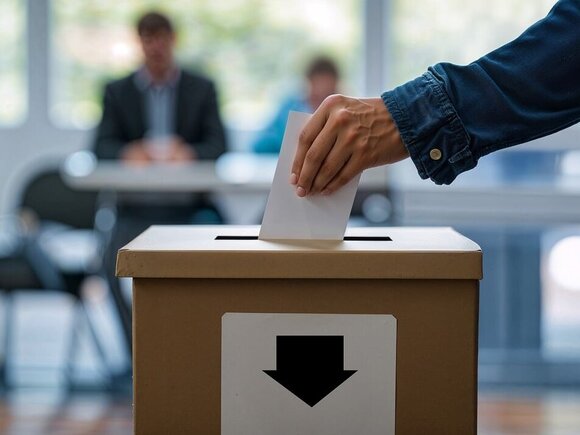 Wahlzettel wird in Urne gesteckt.