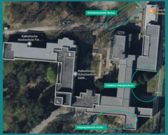 Screenshot eines Luftbildes der KHSB mit Markierungen der 3 Pilotflächen Biodiversität der KHSB
