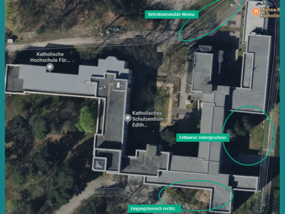 Screenshot eines Luftbildes der KHSB mit Markierungen der 3 Pilotflächen Biodiversität der KHSB