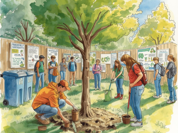 Symbolbild: Kommission für Nachhaltigkeit, Menschen graben Pflanzen ein, Recyclingtonnen im Hintergrund 