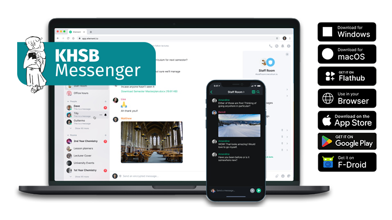 Laptop und Smartphone mit Logo des KHSB Messengers und Icons verschiedener App-Shops