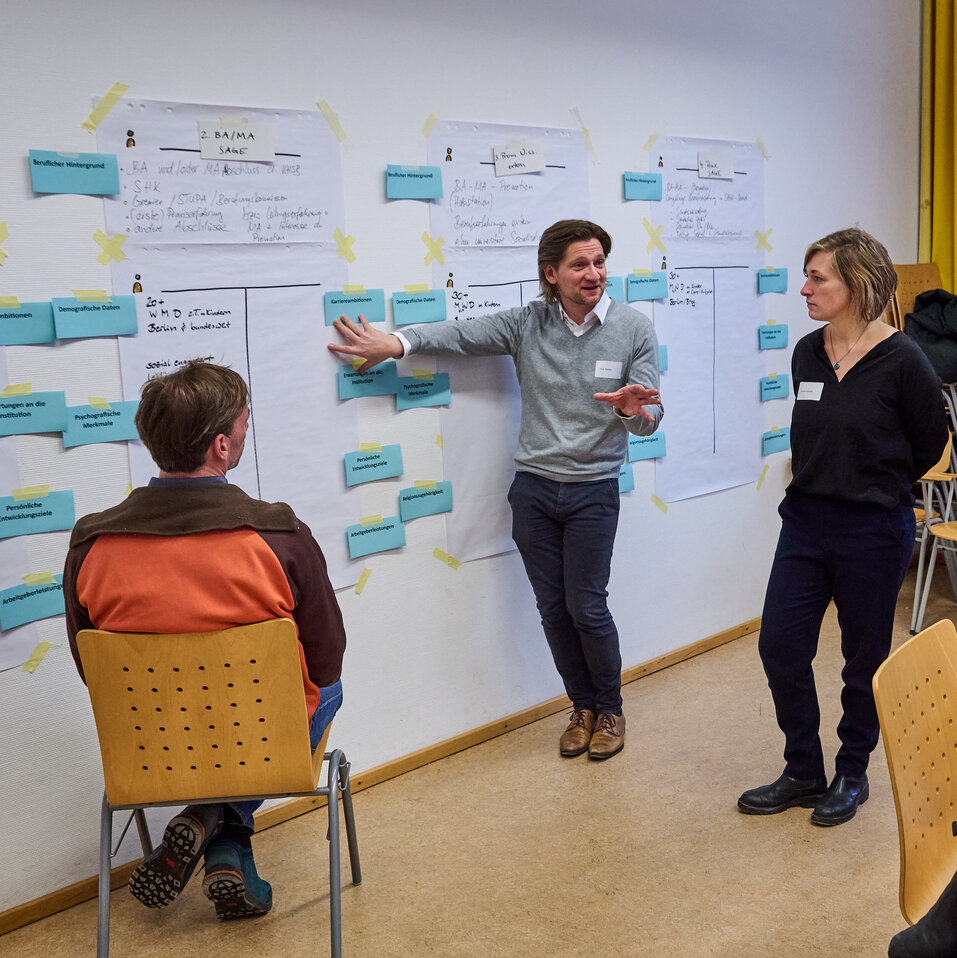 Workshop-Teilnehmende stehen zusammen und besprechen ihre Ideen.