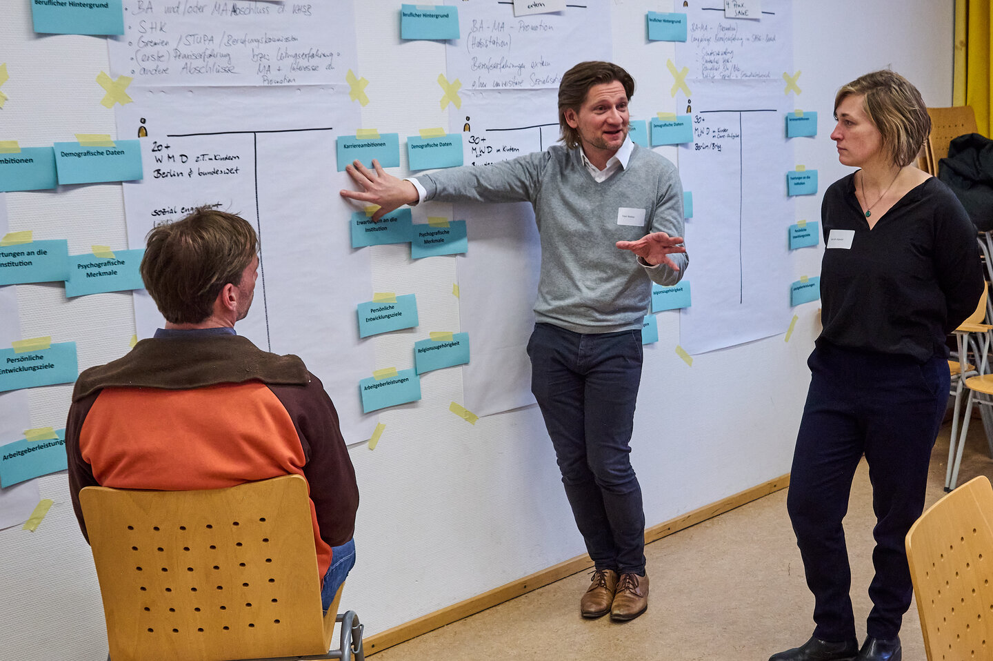 Workshop-Teilnehmende stehen zusammen und besprechen ihre Ideen.