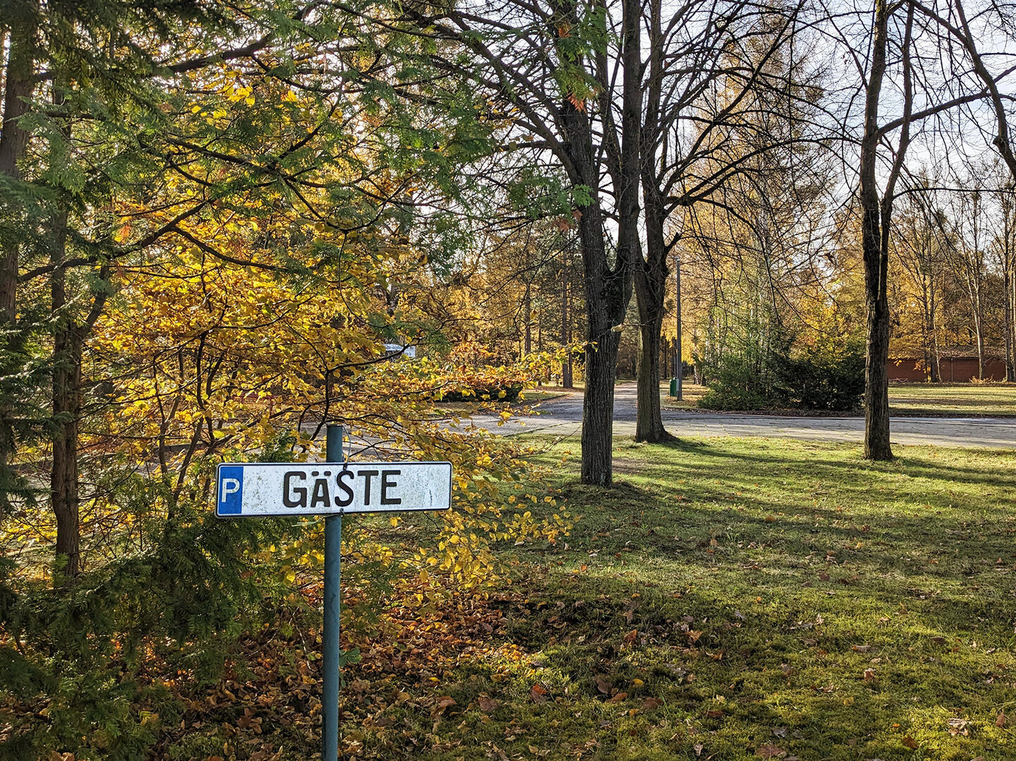 Parkplatzschild für Gäste in herbstlicher Landschaft