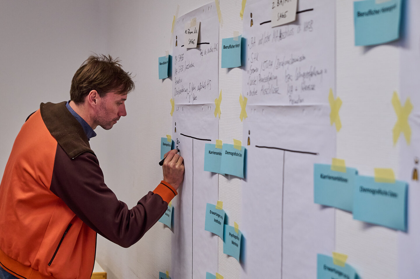 Ein Workshop-Teilnehmender notiert etwas auf einer großen Pinnwand mit Ideen.