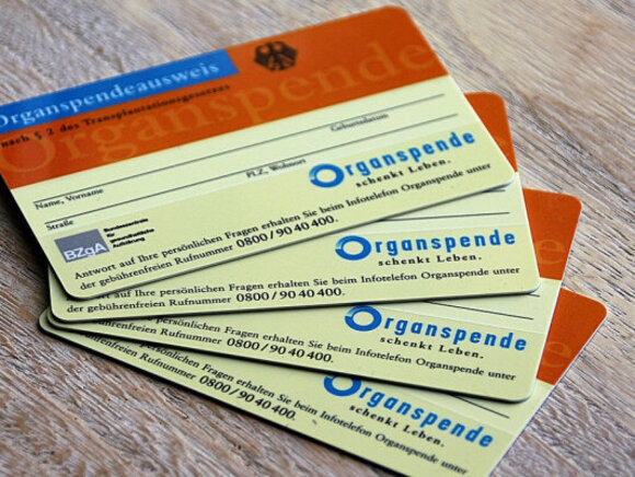 Vier Organspendeausweise auf einem Tisch