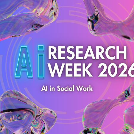 Symbolbild AI in Social Work - Research Week 2026 steht auf farbigen Hintergrund