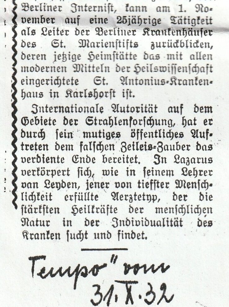 „Zeitung_Tempo_1932_Arztjubiläum_korr“; Quelle: Nachfahren Paul Lazarus