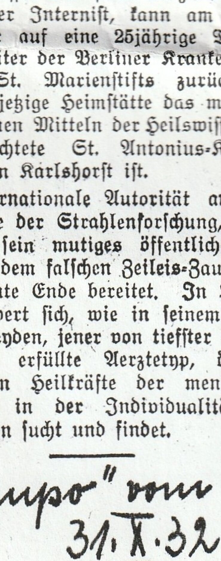 „Zeitung_Tempo_1932_Arztjubiläum_korr“; Quelle: Nachfahren Paul Lazarus