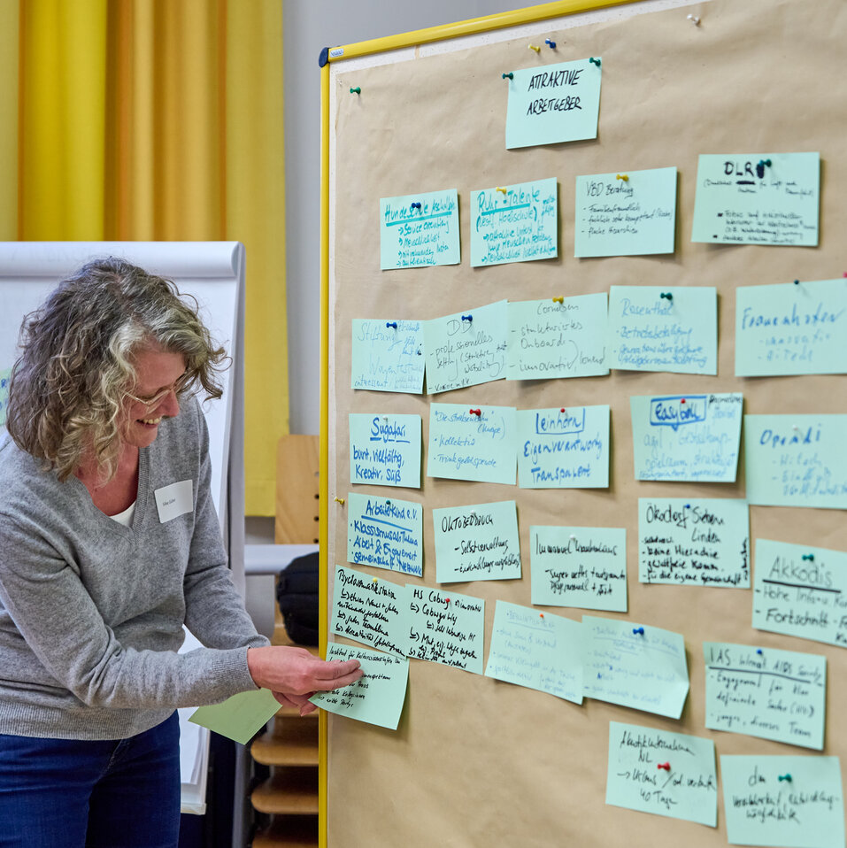 Seminarteilnehmerin befestigt Notizzettel auf einem Board