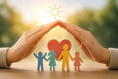 Über vier Kinder werden schützend zwei Hände gehalten