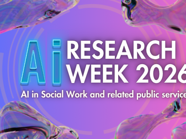 Symbolbild AI in Social Work - Research Week 2026 steht auf farbigen Hintergrund