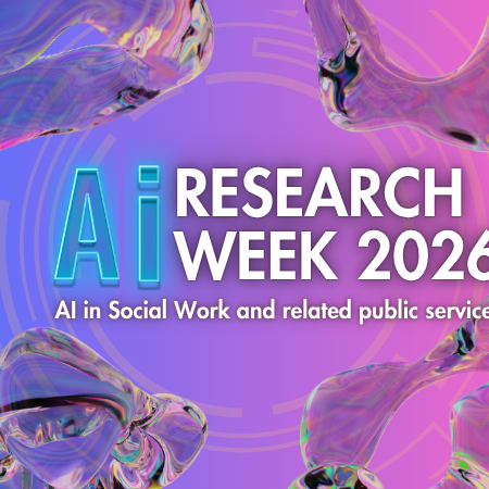 Symbolbild AI in Social Work - Research Week 2026 steht auf farbigen Hintergrund