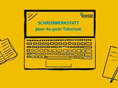 Symbolbild: Schreibwerkstatt, Illustration eines Laptops und zweier Notizbücher plus KHSB-Logo