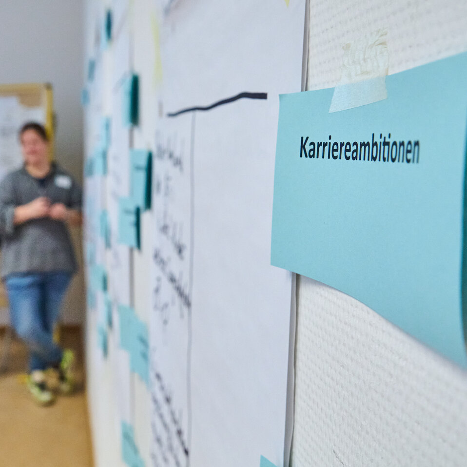 An einer Pinnwand klebt ein Zettel mit der Aufschrift Karriereambitionen.
