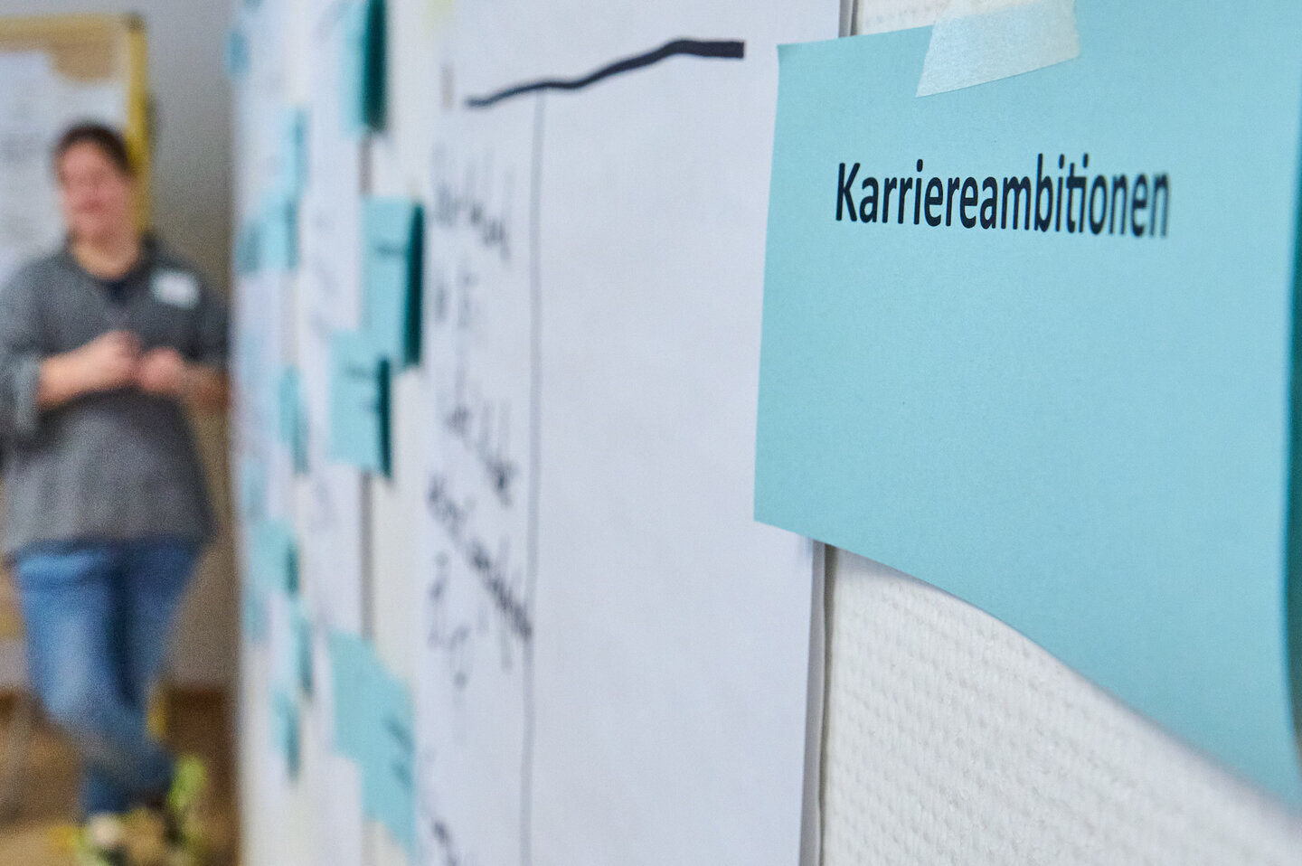An einer Pinnwand klebt ein Zettel mit der Aufschrift Karriereambitionen.