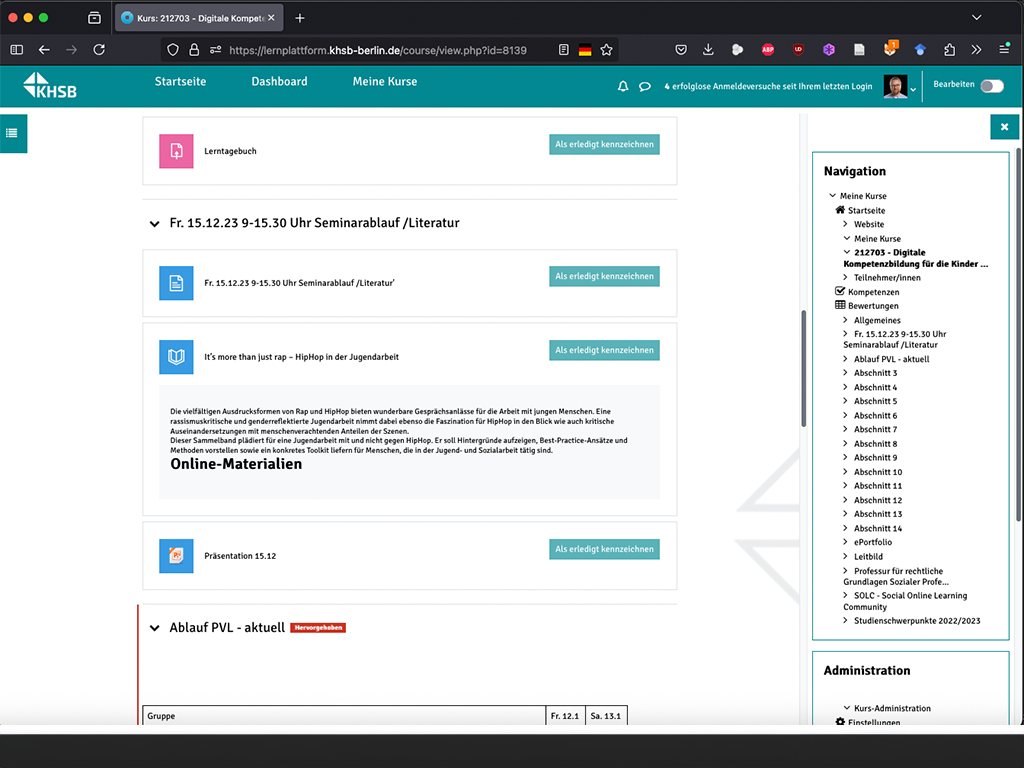 Startseite der Lernplattform moodle der KHSB