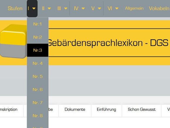 Ansicht des Menüs vom Gebärdensprachlexikon