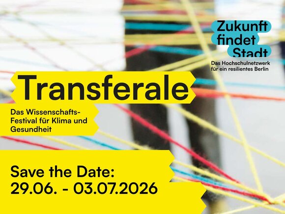 Man sieht gespannte Wollfäden. Aufschrift: Transferale: Das Wissenschaftsfestival für Klima und Gesundheit. 29.06.-03.07.2026