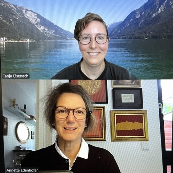 Tanja Eisenach (oben) und Annette Edenhofer (unten) in einem Videoanruf.
